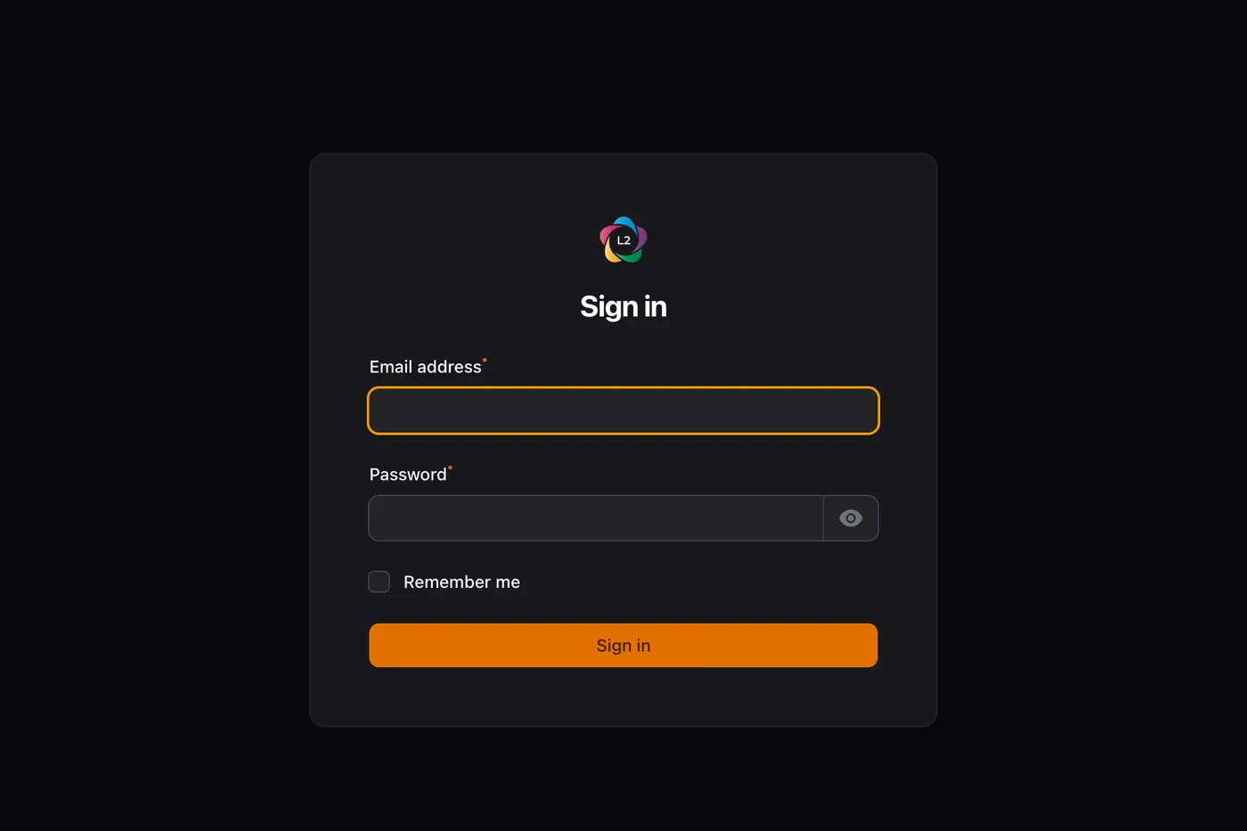 The admin sign-in screen: the L2 iCON mark, an email field, a password field and a Sign in button.