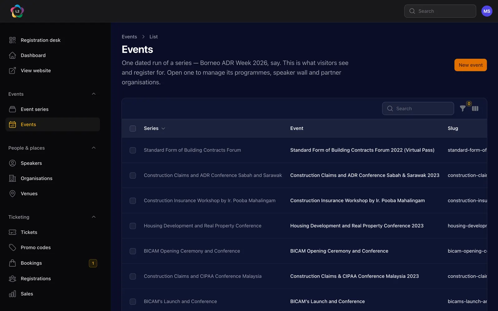 The events list, with columns for the event, its series, dates, status and bookings.