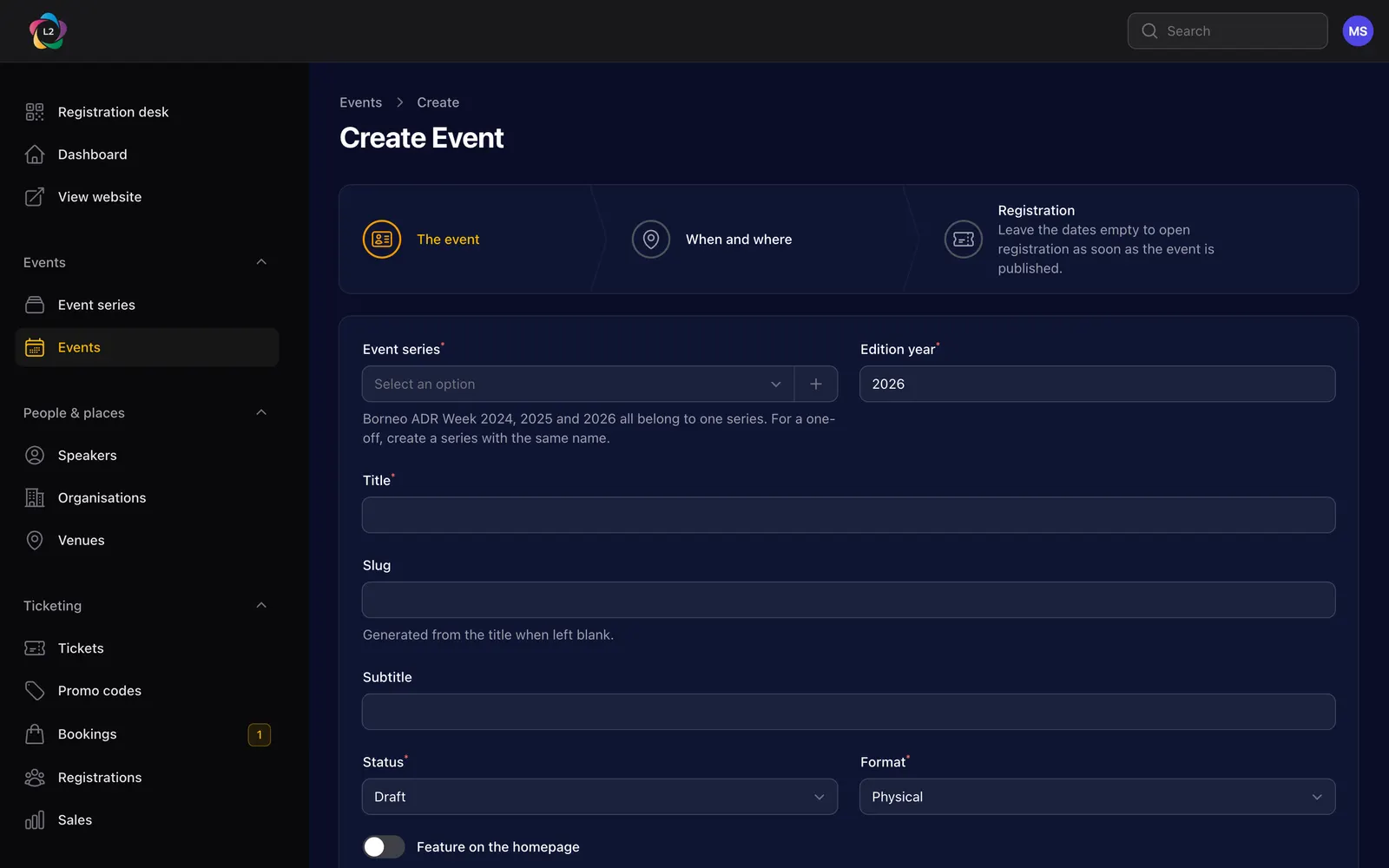 Step one of the new event form: event series, edition year, title, slug, subtitle, status and format.