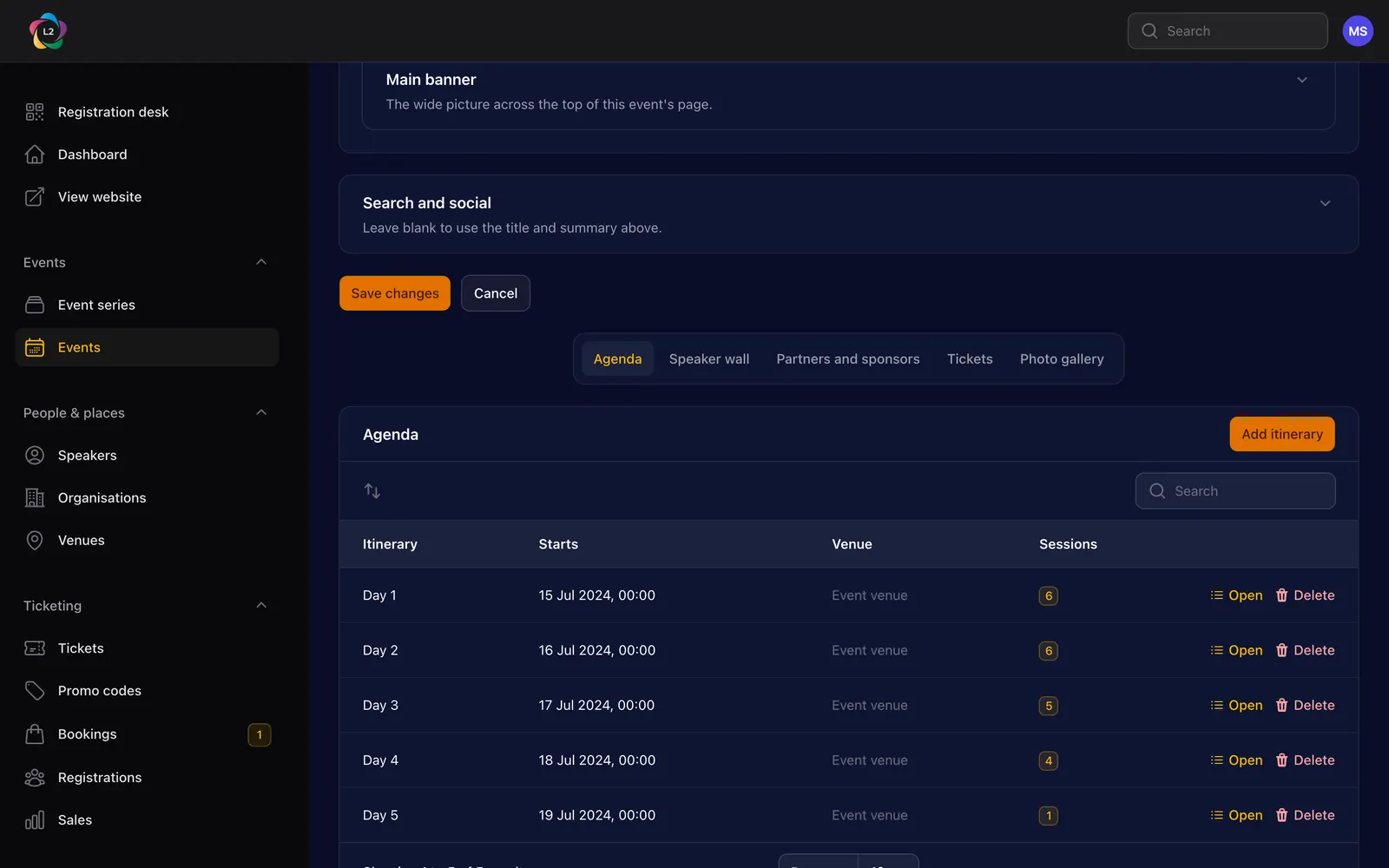 The Agenda tab on an event, listing Day 1 to Day 5 with the number of sessions in each.