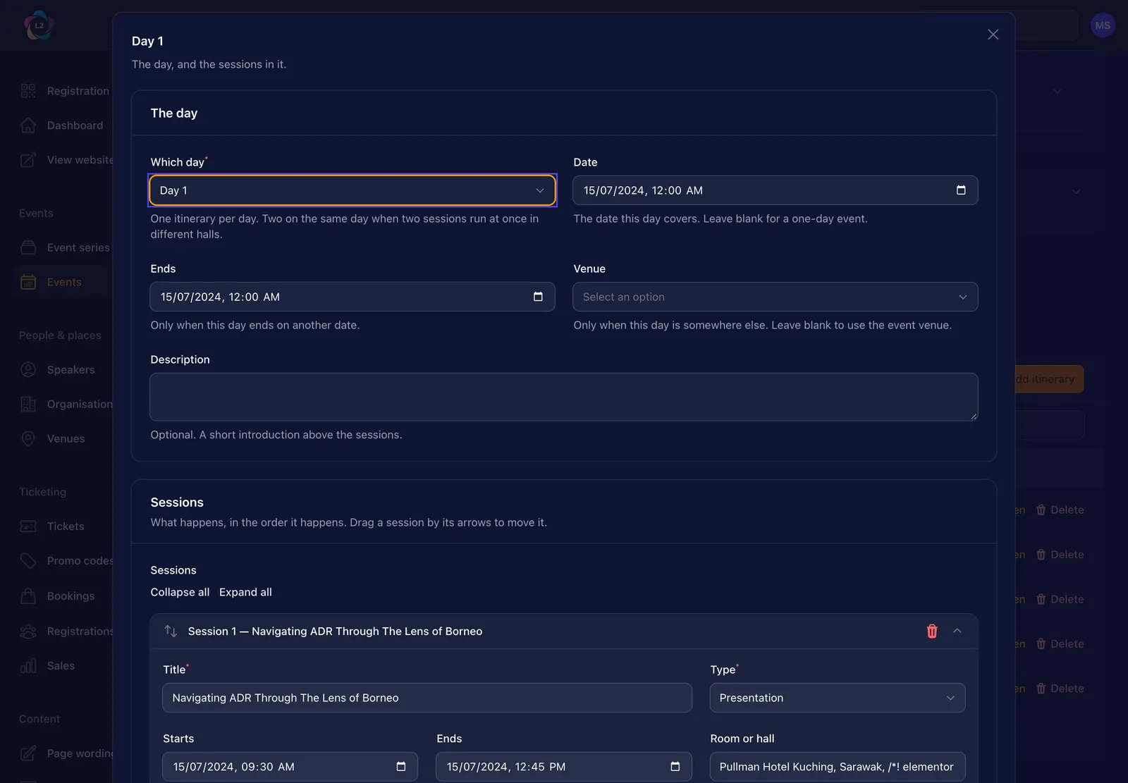 An itinerary open with Session 1 expanded, showing title, type, start and end times and the room.