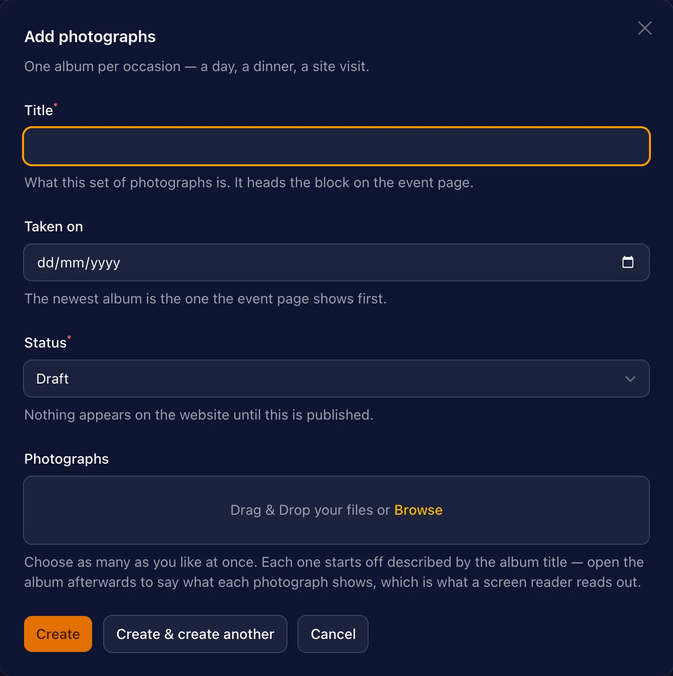 The Add photographs modal: a title, a date taken, a status and a drag-and-drop area for many files.