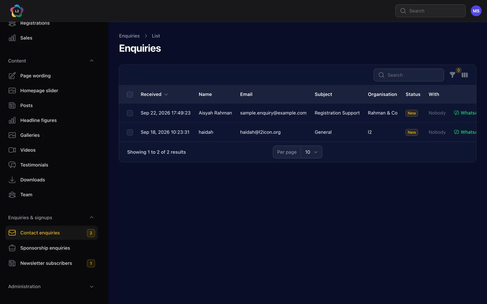 The contact enquiries list, with when it was received, who sent it, the subject, the status and a WhatsApp link.