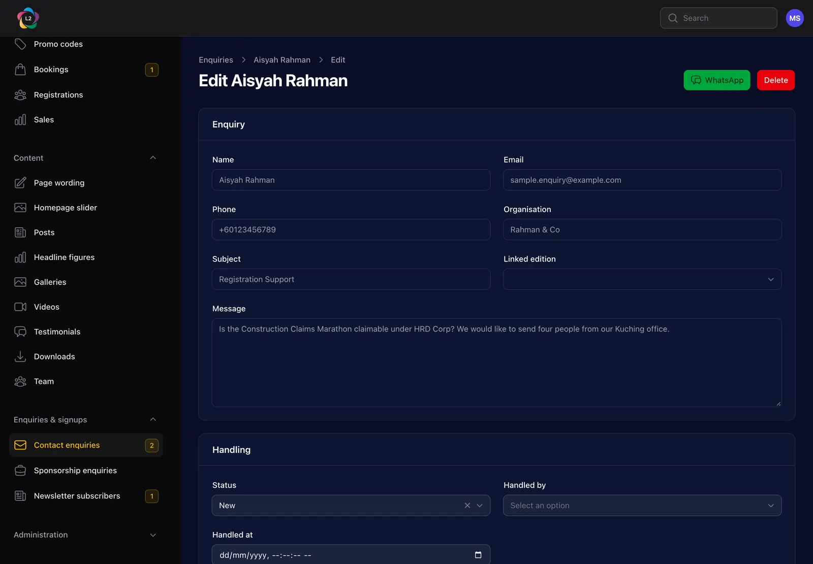 An enquiry open, showing the message, the status, who is handling it and the reply panel.