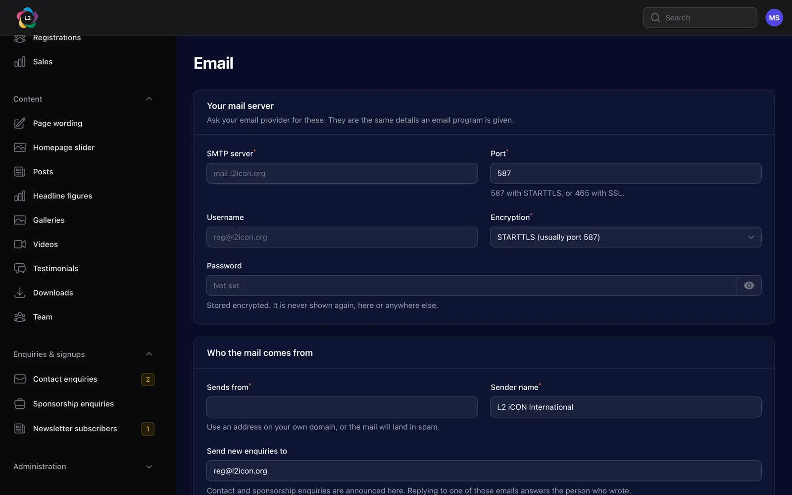 The email settings screen: server, port, encryption, username, password, sender address and where enquiries are sent.