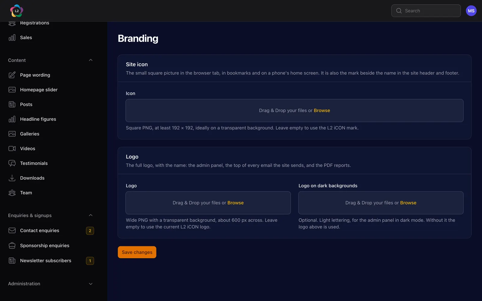 The branding screen: the site icon, the logo and the logo for dark backgrounds.