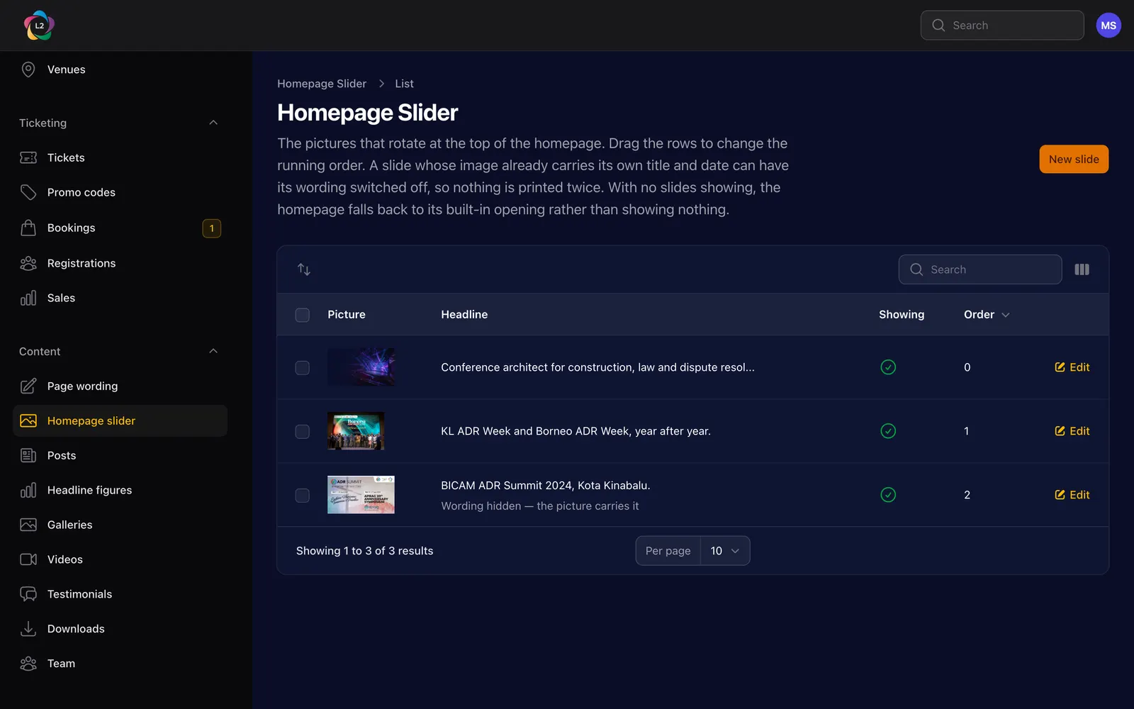 The homepage slider screen, listing slides with their image, headline and whether they are active.