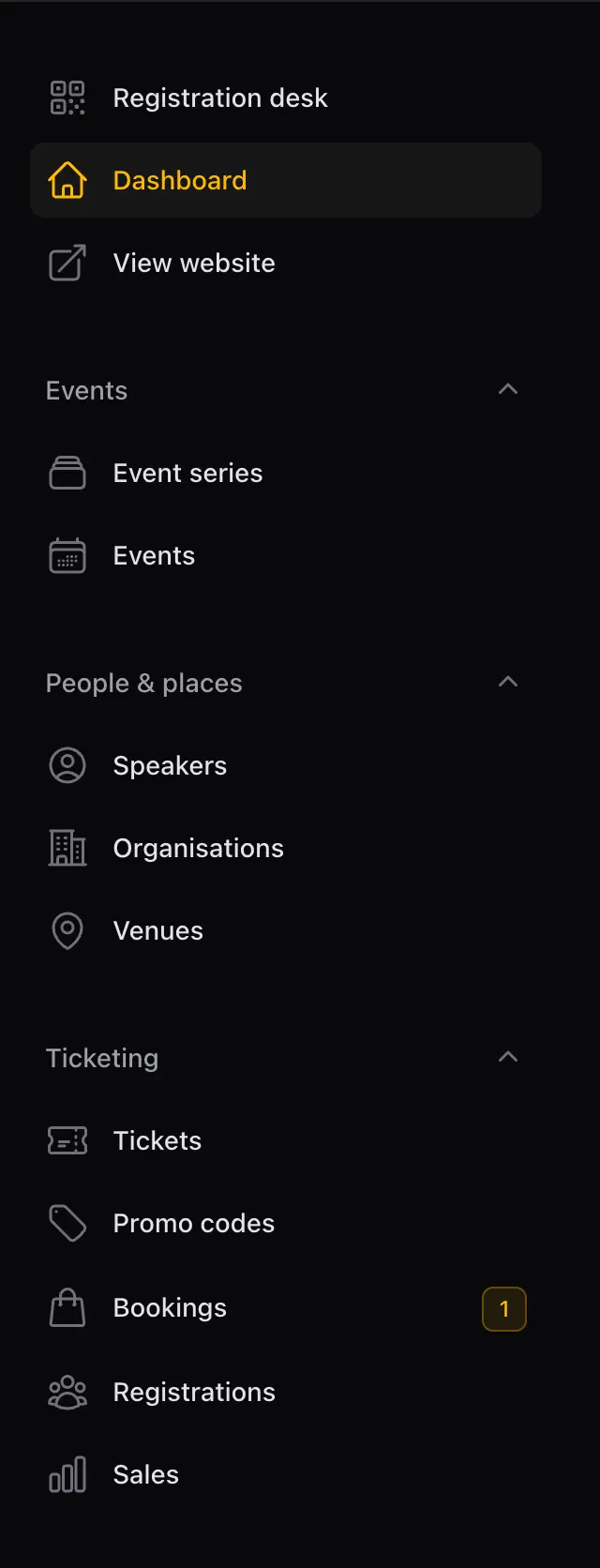The admin sidebar, showing the groups Events, People and places, Ticketing, Content, Enquiries and signups, and Administration.