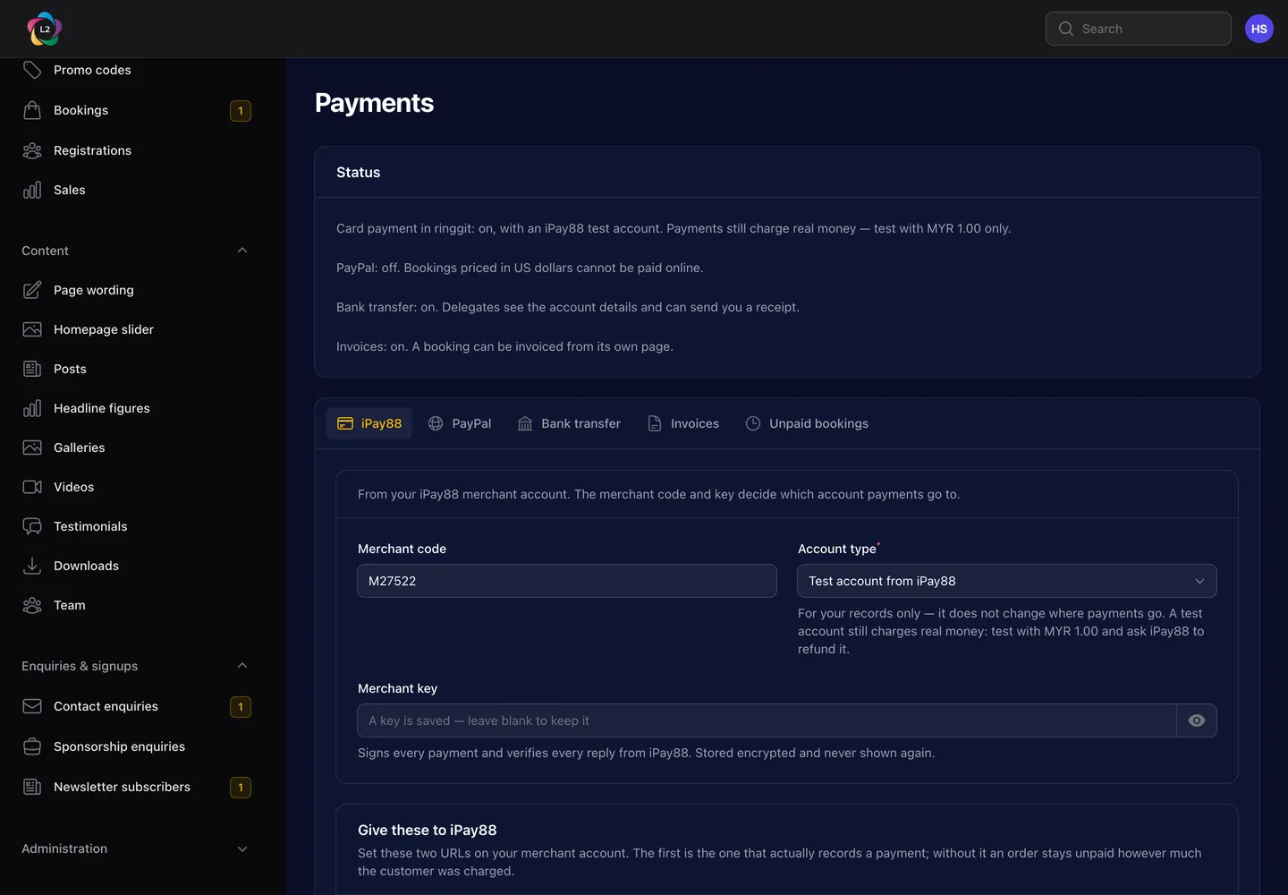 The Payments screen: a Status panel listing what is on, then tabs for iPay88, PayPal, Bank transfer, Invoices and Unpaid bookings.