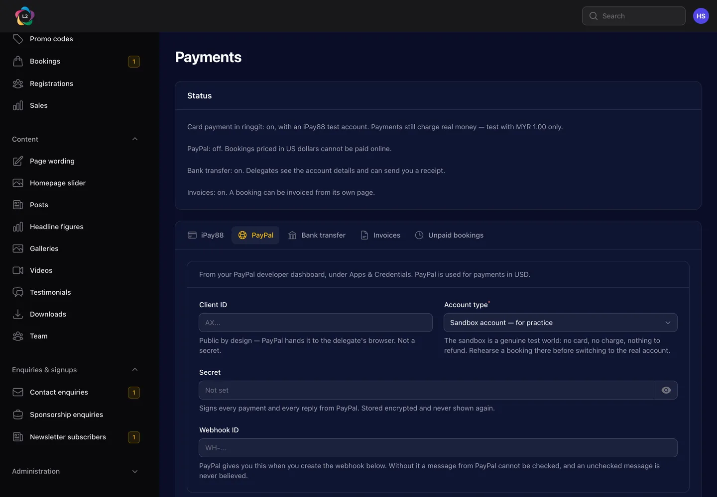 The PayPal tab: client ID, account type, secret, webhook ID, and the webhook URL to give PayPal.
