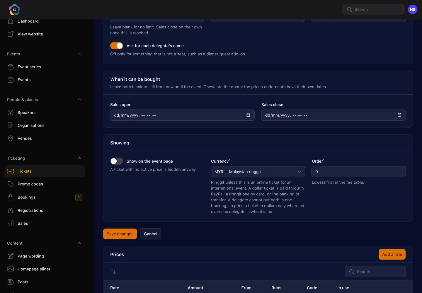 The Showing section of a ticket: whether to show it on the event page, the currency, and the sort order.
