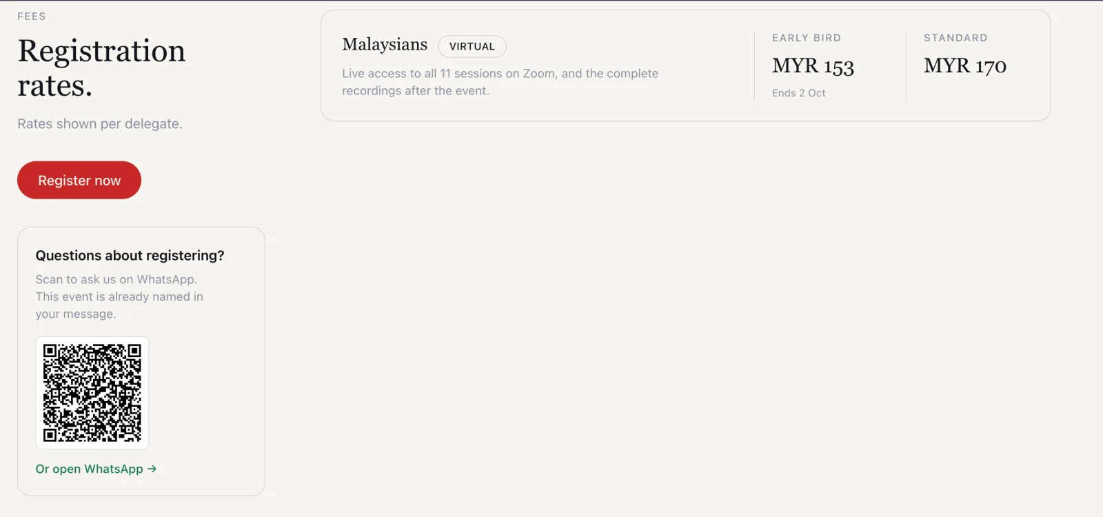 An event page's fee section: Register now, and under it a box headed Questions about registering? with a QR code and a link to open WhatsApp.
